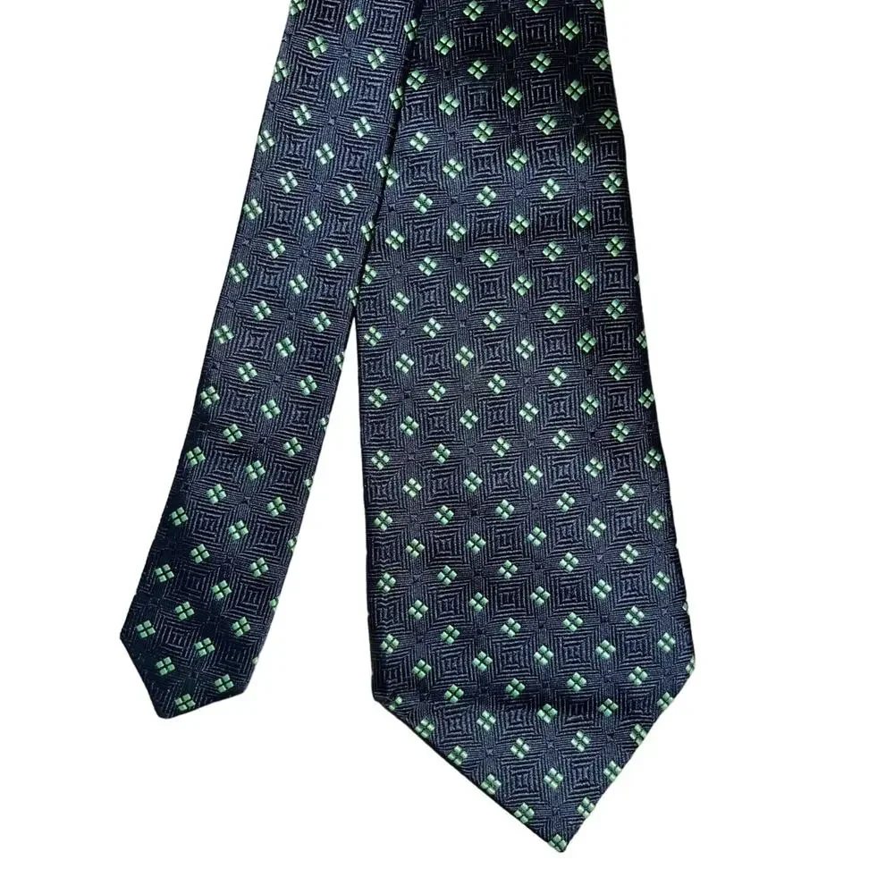 Hilditch & Key All Silk Tie ~ Dark Blue & Green Squares ~ Necktie